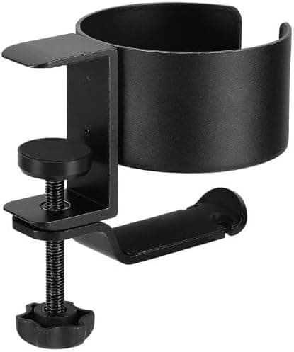 Clamp-On Desk Cup Holder with Integrated Headphone Hook